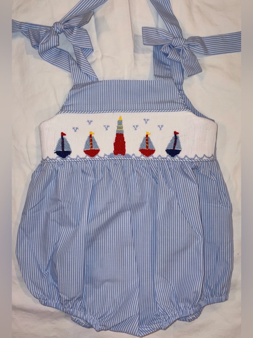 Stitchy Fish smocked & embroidered seersucker Beach Beacon Bubble 9 mo NWT
